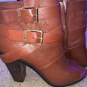 GIANNI BINI Tan Brown Leather Open Toed Heel Boot